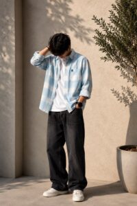 Men Sky Blue Checked Shirt with Black Jeans _ Casual Korean Outfit