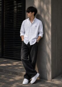 Men’s Pink Striped Casual Shirt with Black Jeans _ Aesthetic Korean Style Outfit