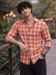 men slim fit solid spread collar checked shirt