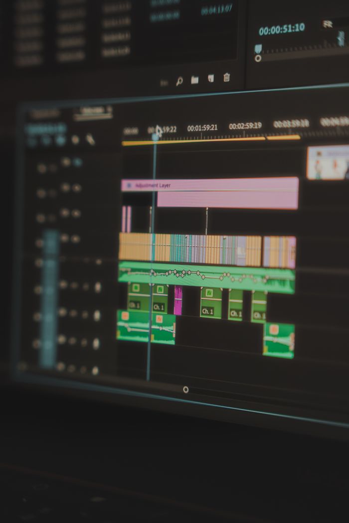 services-01 Detailed view of a video editing timeline displayed on a computer screen, highlighting the tools used in video production.